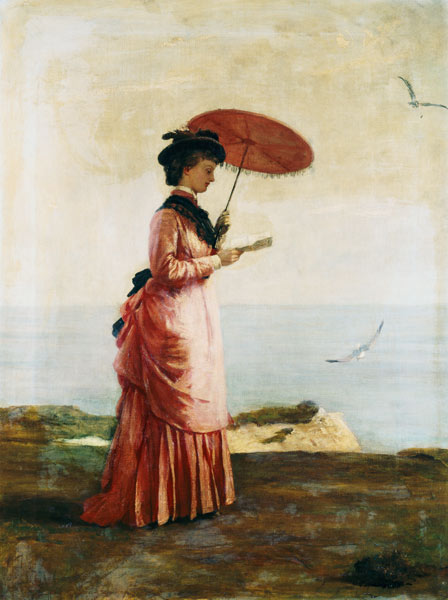 Frau mit Sonnenschirm am Strand der Insel Wight, ein Buch lesend (Emily Prinsep) von Valentine Cameron Prinsep