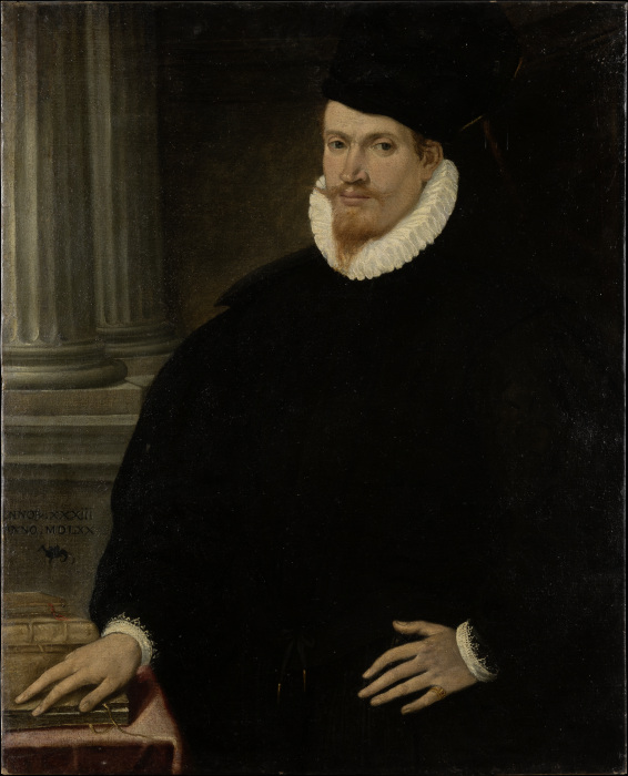 Bildnis eines rotbärtigen jungen Mannes in schwarzer Kleidung von Venezianischer Meister um 1570