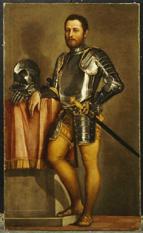 Portrait eines Herrn in Rüstung, mit Schwert und Helm. von Veronese, Paolo (eigentl. Paolo Caliari)