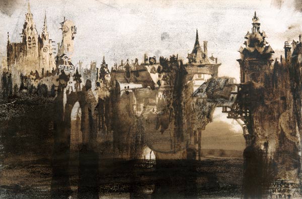 Town with a Broken Bridge (graphite, India ink and sepia on von Victor Hugo