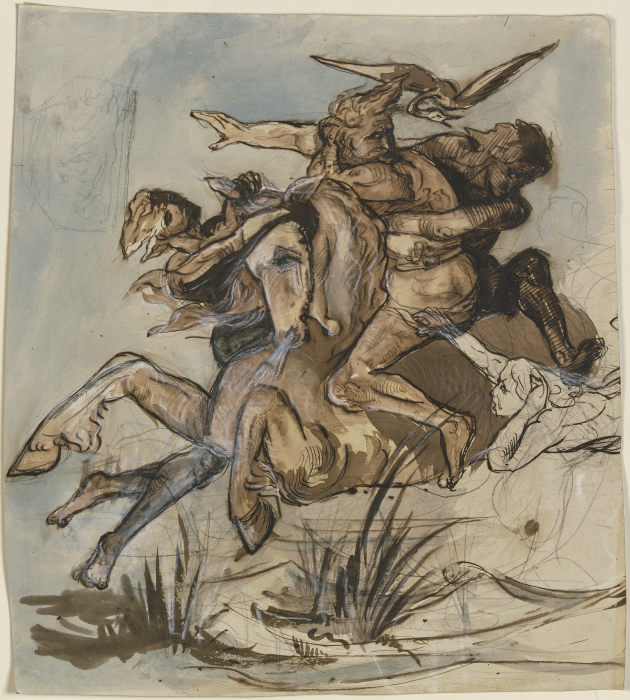 Bärtiger Mann in Begleitung eines Vogels auf einem Pferd im gestreckten Galopp, drei Gestalten suche von Victor Müller
