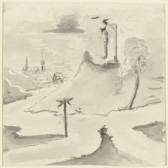 Ein Mann hängt am Galgen, im Hintergrund eine Stadt von Victor Müller