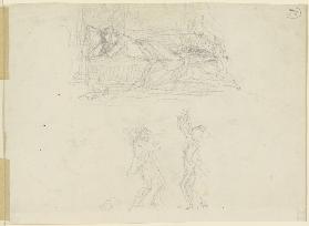 Frau, mit aufgestütztem Kopf bäuchlings auf einem Bett liegend, darunter zwei tanzende Gestalten
