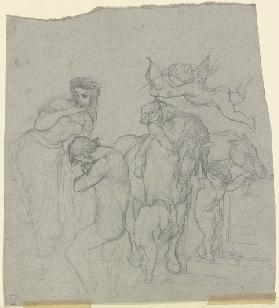 Junges Paar, rechts von ihm führen eine Gruppe Amoretten zwei Pferde zur Tränke