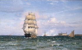 Dänisches Barkschiff vor Schloß Kronborg und Helsingör in d