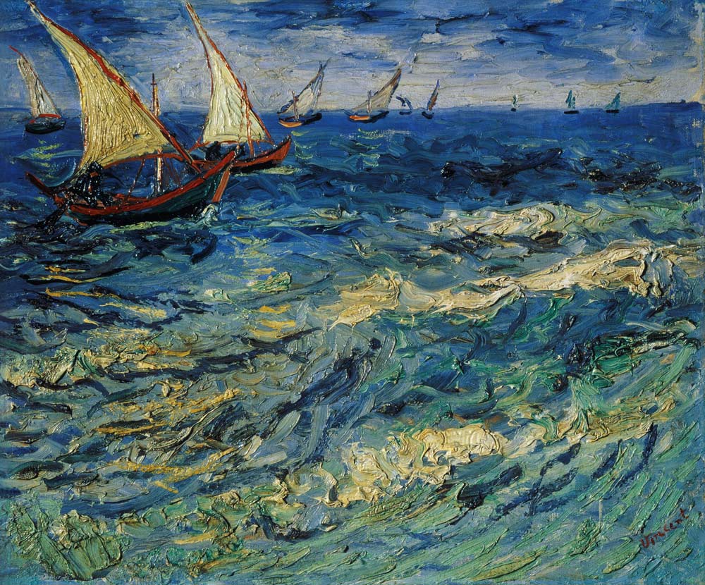 Fischerboote auf dem Meer bei Saintes-Maries von Vincent van Gogh