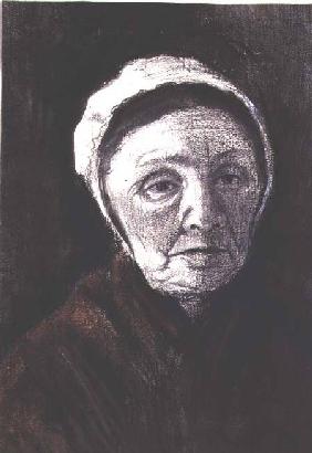 Head of an old woman in a Scheveninger cap, 1882-83 (charcoal, black and brown