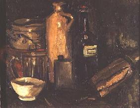 Still life with pots, bottles and flasks c.1886