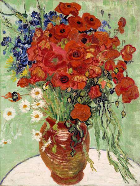 Stillleben, Vase mit Margeriten und Mohnblumen 1890