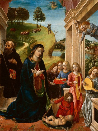 Adoration of the Child with St. Benedict and Angels von Vincenzo Foppa