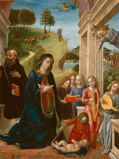 Adoration of the Child with St. Benedict and Angels von Vincenzo Foppa