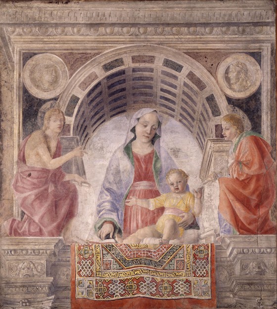 Madonna und Kind mit Heiligen Johannes dem Evangelist und Johannes dem Täufer von Vincenzo Foppa
