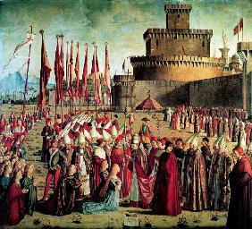 Die Pilger werden von Papst Cyriacus vor den Wänden von Rom getroffen (Szenen aus dem Leben der heil 1497
