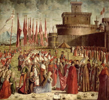The Pilgrims Meet Pope Cyriac before the Walls of Rome, from the St. Ursula Cycle, 1498 (oil on canv von Vittore Carpaccio