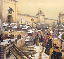 Buchläden auf der Spaskij-Brücke in Moskau im 17. Jahrhundert.