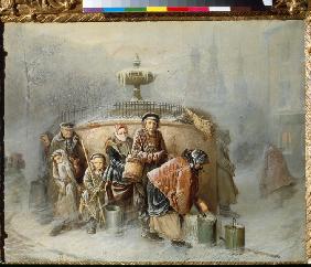 Die Warteschlange am Brunnen 1865