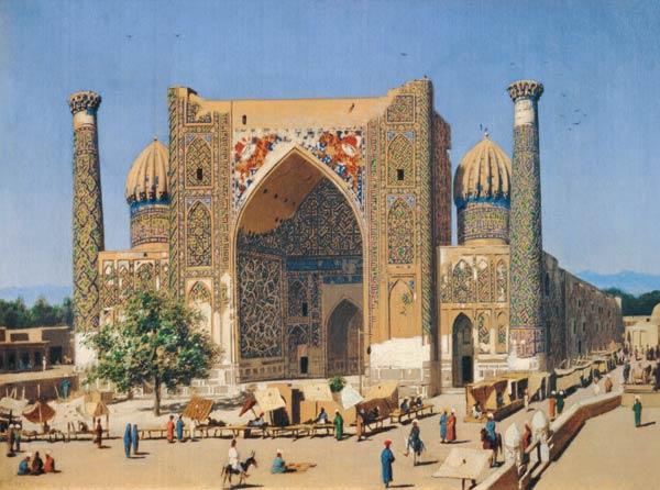 Die Medrese Shir-Dhor am Registan Palast in Samarkand  1869/1870