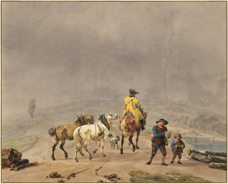 Reitender Postillion mit zwei Handpferden in winterlicher Landschaft von Wilhelm Alexander Wolfgang Kobell