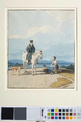 Alpenlandschaft mit Reiter und Bäuerin 1826