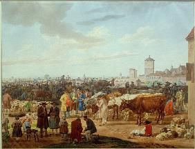 Viehmarkt am Rande einer Stadt 1802