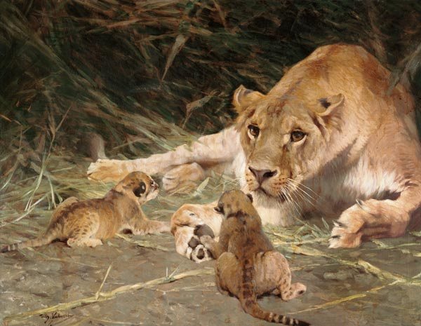 A Lioness and Her Cubs von Wilhelm Kuhnert