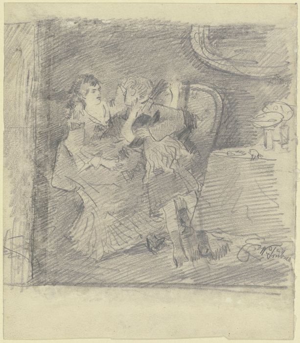 Dame und Herr mit Kind auf einem Sofa, daneben Tisch mit Glas und Fruchtschale von Wilhelm Trübner