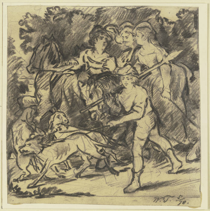 Zwei Edelfräulein und ein Knappe reiten auf die Jagd, dabei Bursche und Rüden von Wilhelm Trübner