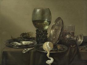 Stilleben mit Austern, Römerpokal, Zitrone und Silberschüssel 1634