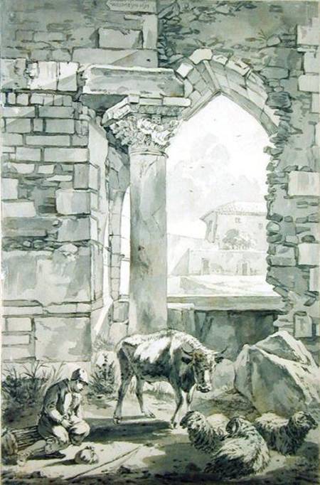 Shepherd with a cow and sheep in a ruin von Willem Romeyn