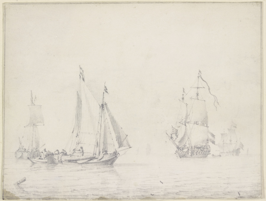 Links drei Barken, rechts zwei größere Schiffe unter vollen Segeln von Willem van de Velde d. J.