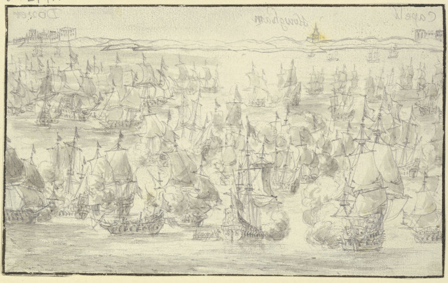 Seeschlacht, in der Ferne die englische Küste bei Dover, rechts zwei weitere Städte von Willem van de Velde d. J.