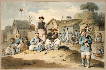 A group of Chinese on the bank of a river, watching the Earl Macartney's Embassy pass von William Alexander