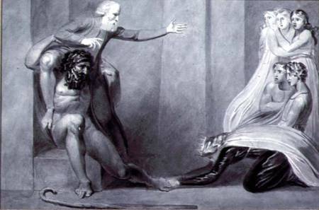 Tiriel, borne back to the Palace on the Shoulders of his Brother Ijim, addressing his five Daughters von William Blake
