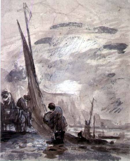 Figures with Cart and Boats on the shore, near cliffs von William Collins