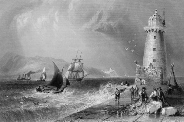 South Wall Lighthouse with Howth Hill in the Distance, Dublin, from 'Scenery and Antiquities of Irel von William Henry Bartlett