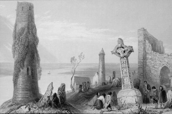 The Ancient Cross and Round Tower at Clonmacnois, County Offaly, Ireland, from 'Scenery and Antiquit von William Henry Bartlett