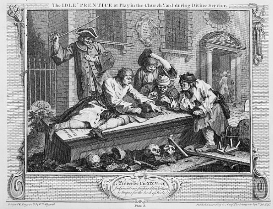 The Idle ''Prentice at Play in the Church Yard During Divine Service, plate III of ''Industry and Id von William Hogarth
