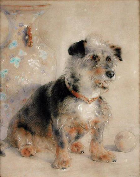Terrier seated before a Canton Famille Rose Vase von William Huggins