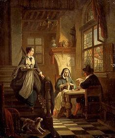 Ehepaar am Tisch und Magd mit Tablett. 1853
