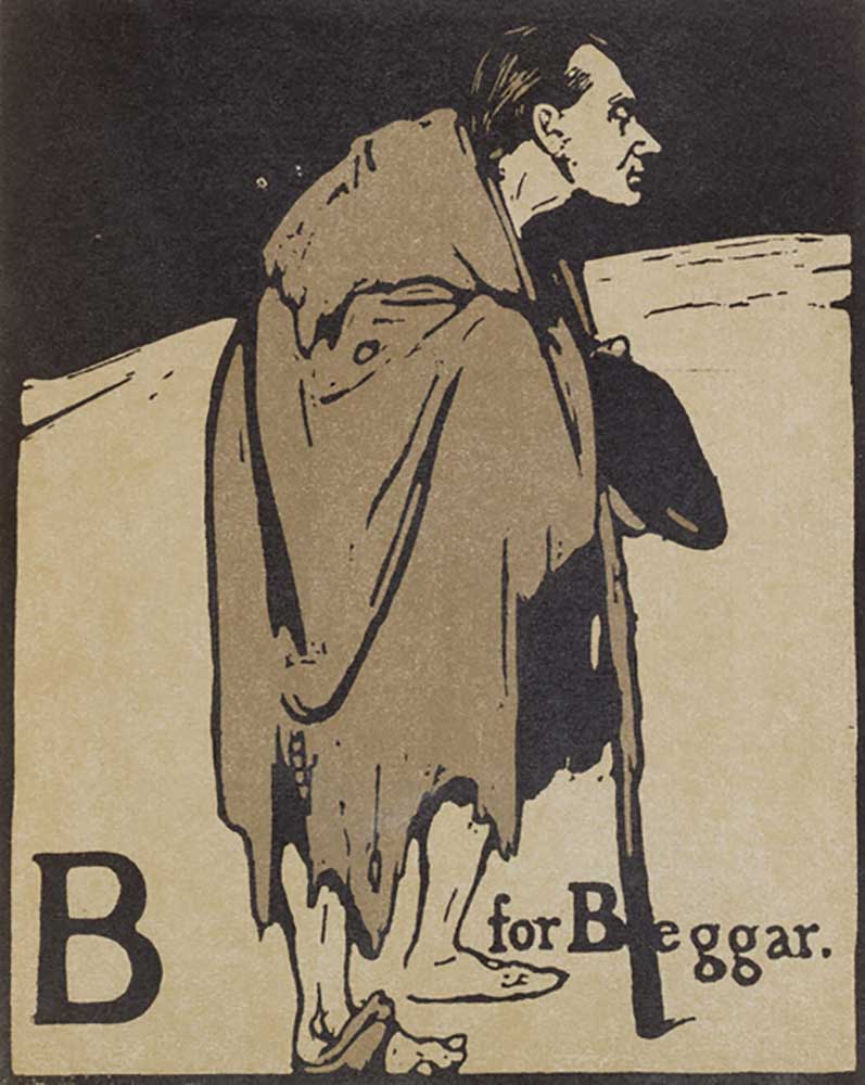 B für Bettler, Illustration aus An Alphabet, herausgegeben von William Heinemann, 1898 von William Nicholson