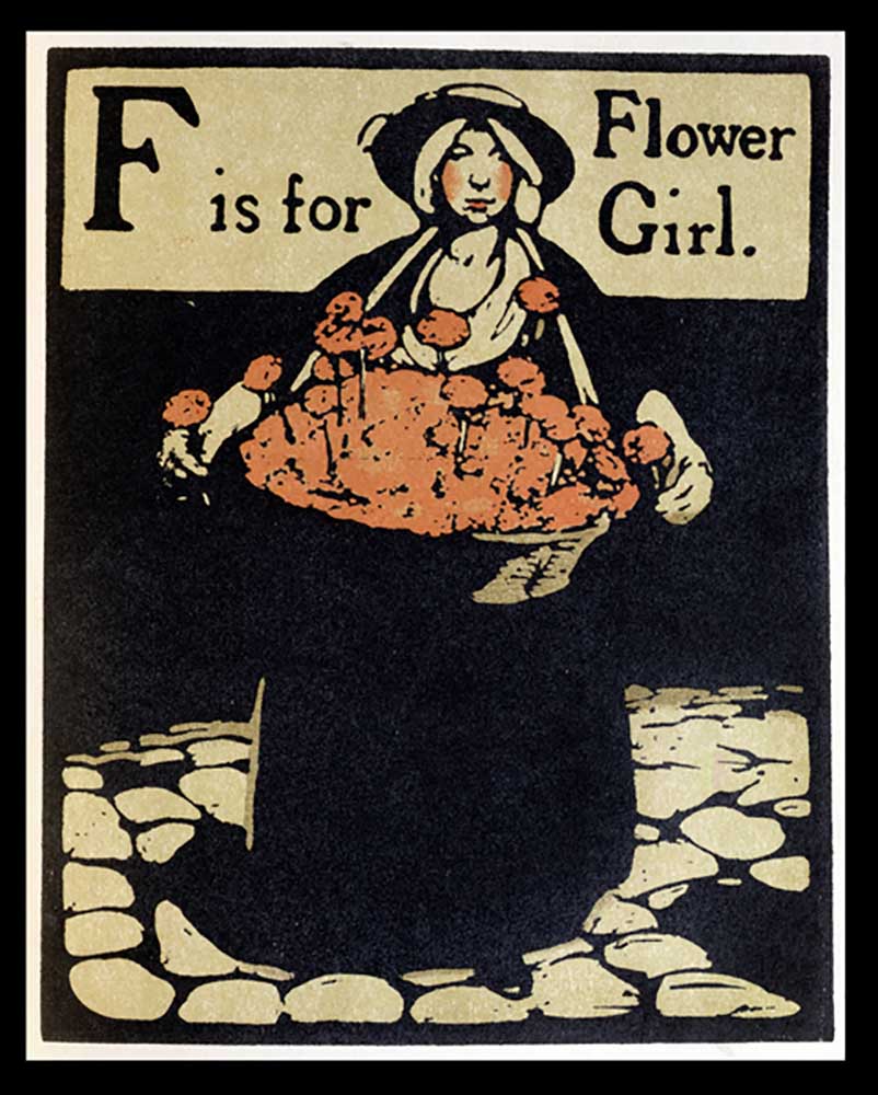 F ist für Blumenmädchen, Illustration aus An Alphabet, herausgegeben von William Heinemann, 1898 von William Nicholson
