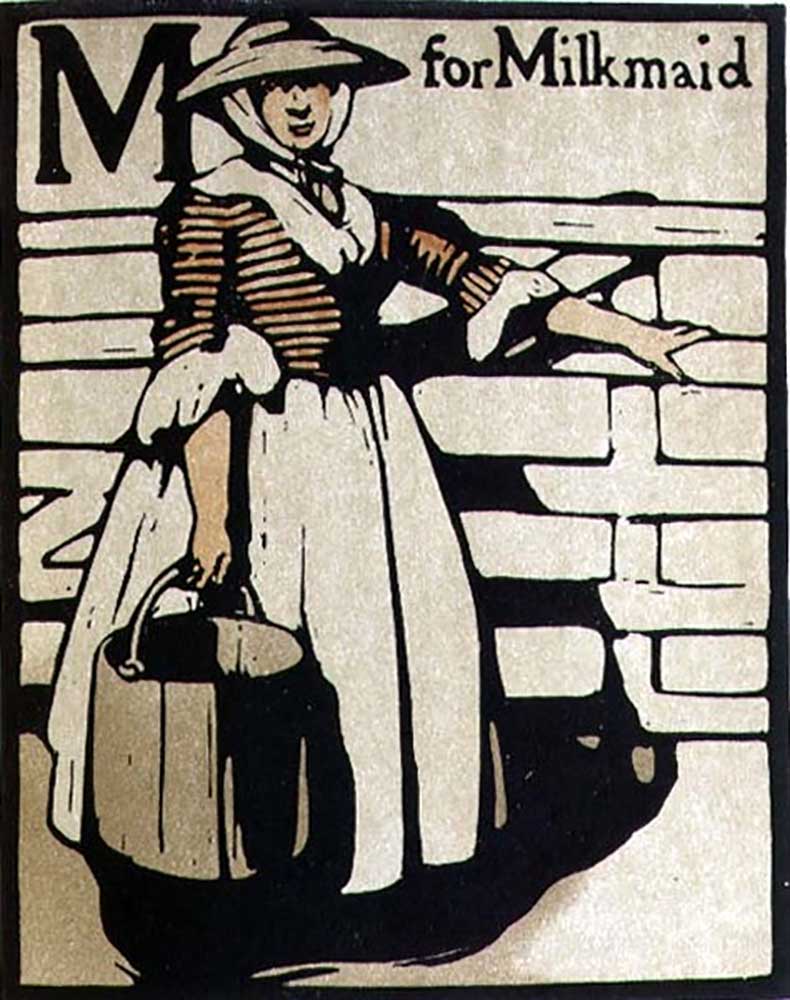M für Milchmädchen, Illustration aus An Alphabet, herausgegeben von William Heinemann, 1898 von William Nicholson