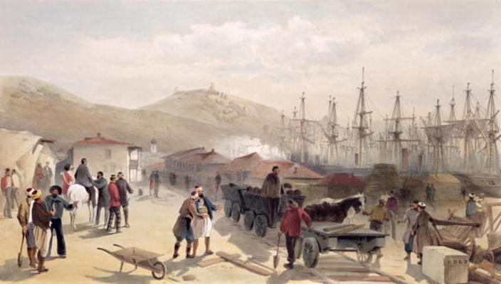 The Railway at Balaklava, plate from 'The Seat of War in the East', 1856 (colour litho) von William Simpson