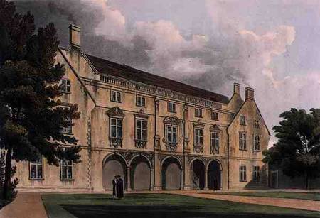 Exterior of Magdalen College Library, Cambridge, from 'The History of Cambridge', engraved by Joseph von William Westall
