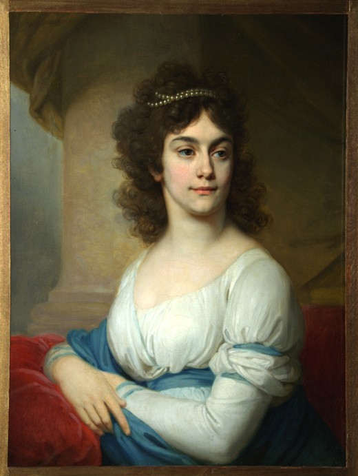 Bildnis einer unbekannten Dame in weißem Kleid mit blauer Schleife von Wladimir Lukitsch Borowikowski