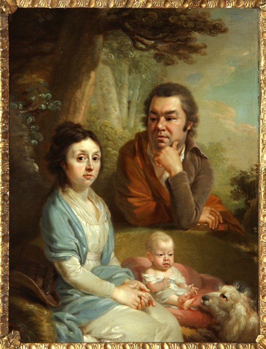 Porträt von Wassili Nebolsin mit seiner Frau Awdotia und Kind von Wladimir Lukitsch Borowikowski