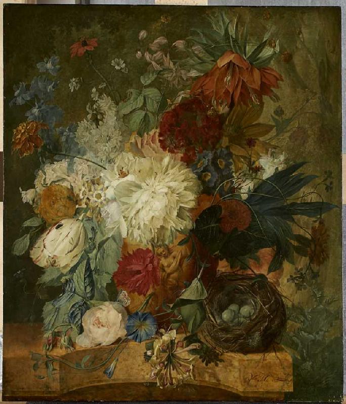 Stillleben mit Blumenstrauß und Vogelnest. von Wybrand Hendriks