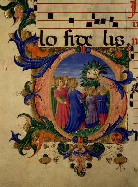 Missal 515 f.144v Historiated initial 'G' depicting the faithful entering Paradise